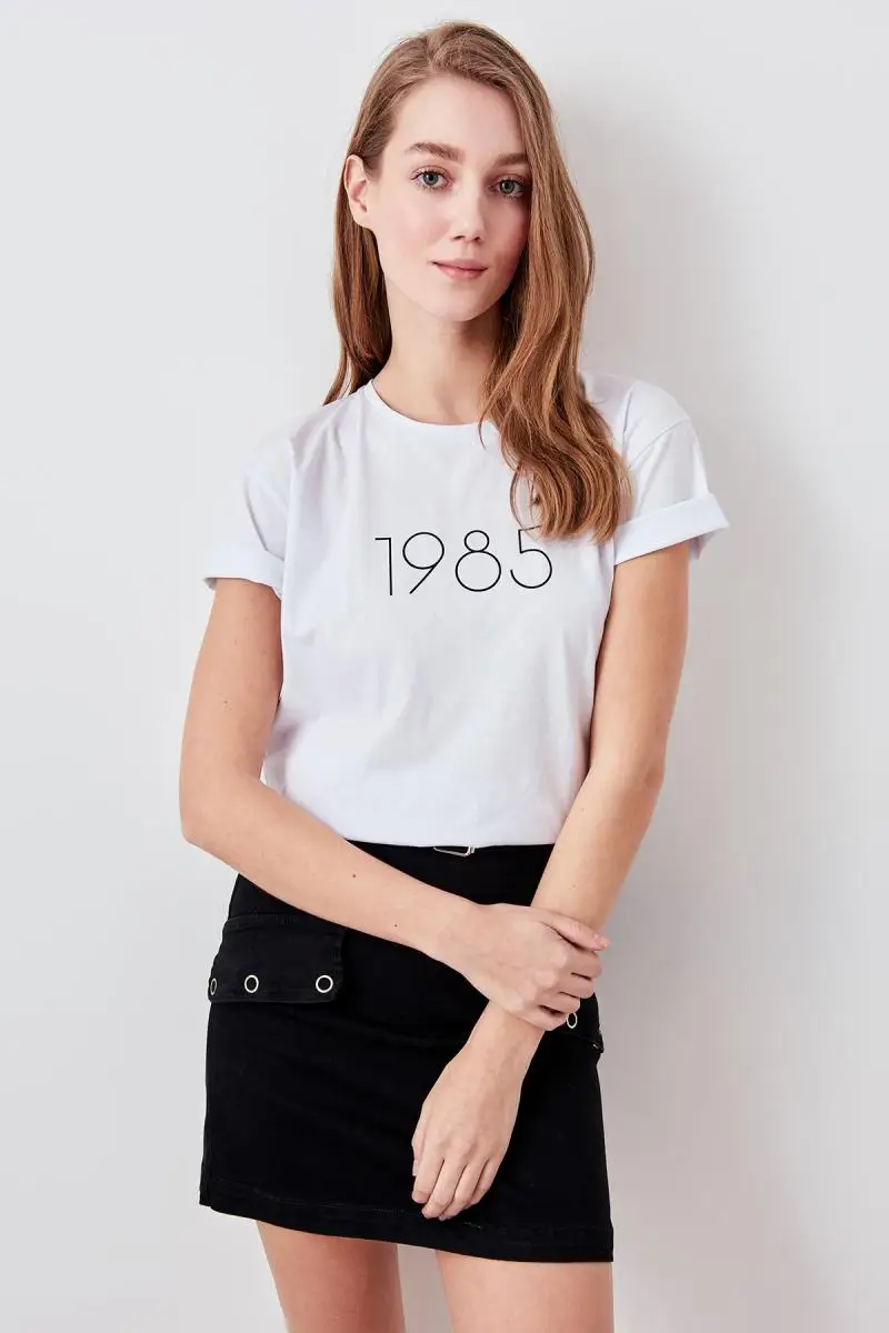 Trendyol белые Базовые Трикотажные футболки с принтом TWOSS19DU0108|Футболки| |