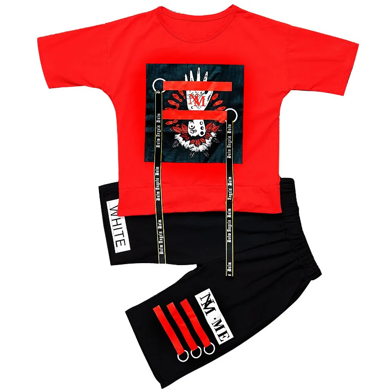 2018 New Children's Cool Hip Hop Dance Clothes Set Kids Performance Cotton Short Sleeve Pattern Belt T-shirt+Short Pants Suits | Детская