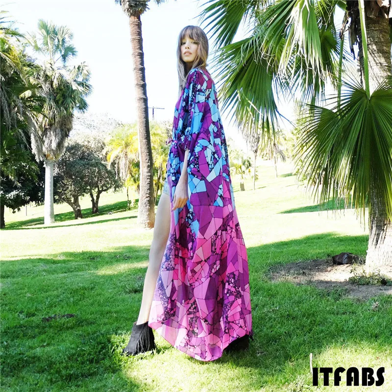 

Women Summer Chiffon Cover Up Swimwear Bathing Suit Beach Blouses Casual Print Long Blouses Fashion