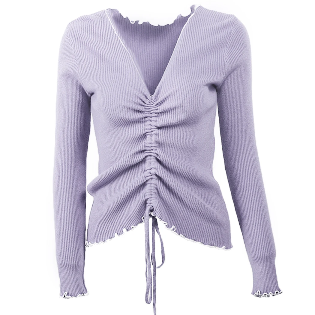 2018 New Fashion Knit Sweater Women V Neck Sweaters And Pullovers Long Sleeve Korean Style Drawstring Tops Jumper Truien Dames | Женская