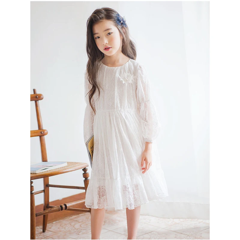 white lace long sleeve dress vintage party frocks age for 6-14 yrs big girls elegant princess costume 2021 spring autumn clothes | Детская