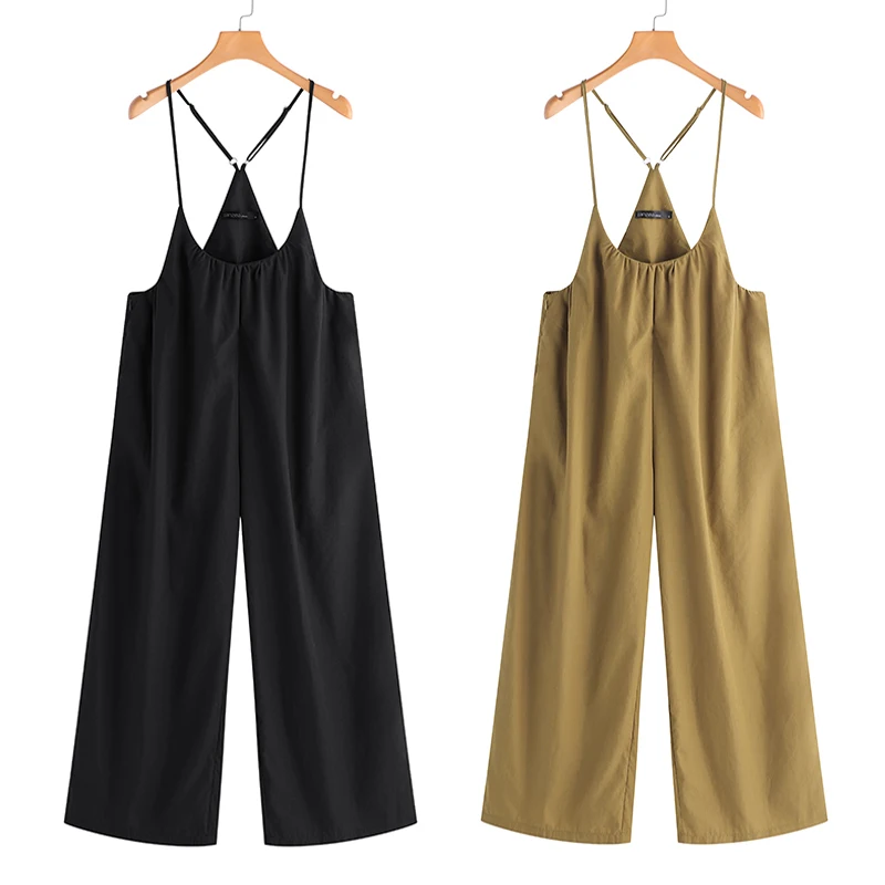 

2021 New ZANZEA Women Overalls Rompers Plus Size S-5XL Sleeveless Dungarees Long Trousers Wide Leg Pants Cotton Linen Jumpsuits