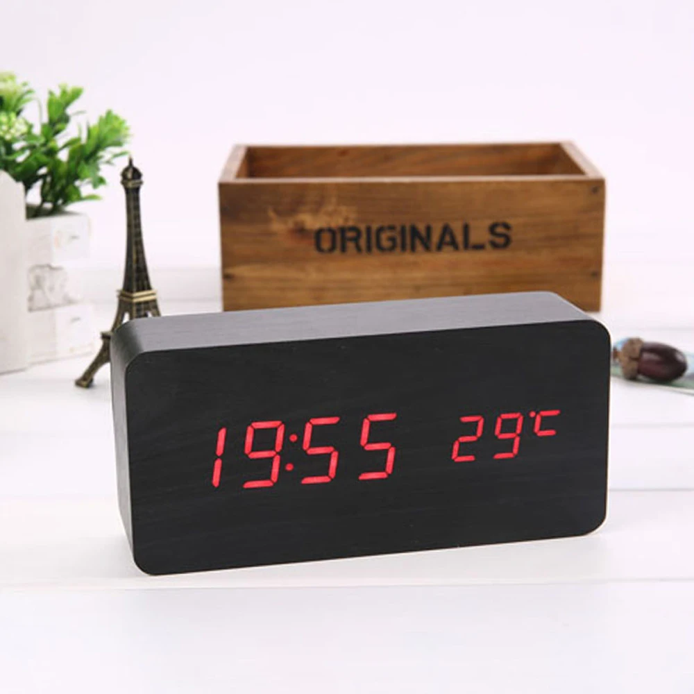 Цифровой USB-будильник со светодиодной подсветкой деревянный Настольный