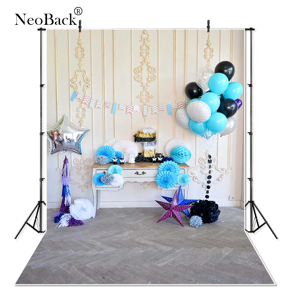 

Baby 1st Birthday Party Photo Backdrop Printed Blue White Black Balloons Stars One Year Old Boys Photography Studio Backgrounds