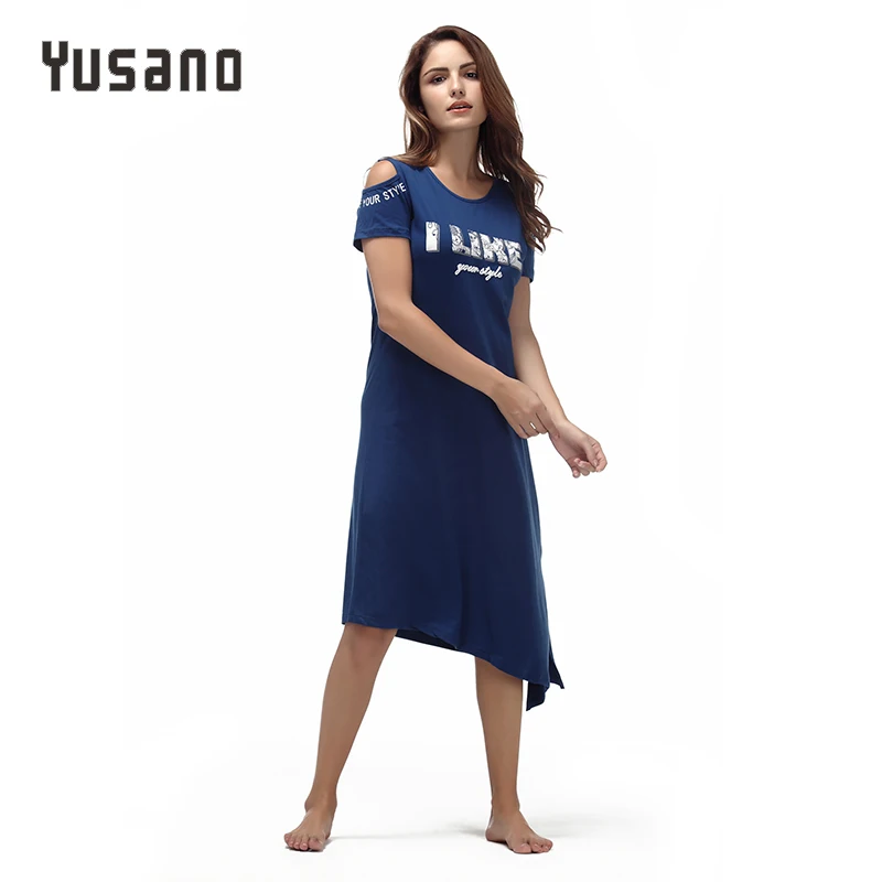 Yusano Women Nightgown Cotton Sleepwear Dress Off Shoulder Short Sleeve Nightshirt Asymmetric Sleepdress Casual Homewear Clothes|sleepwear