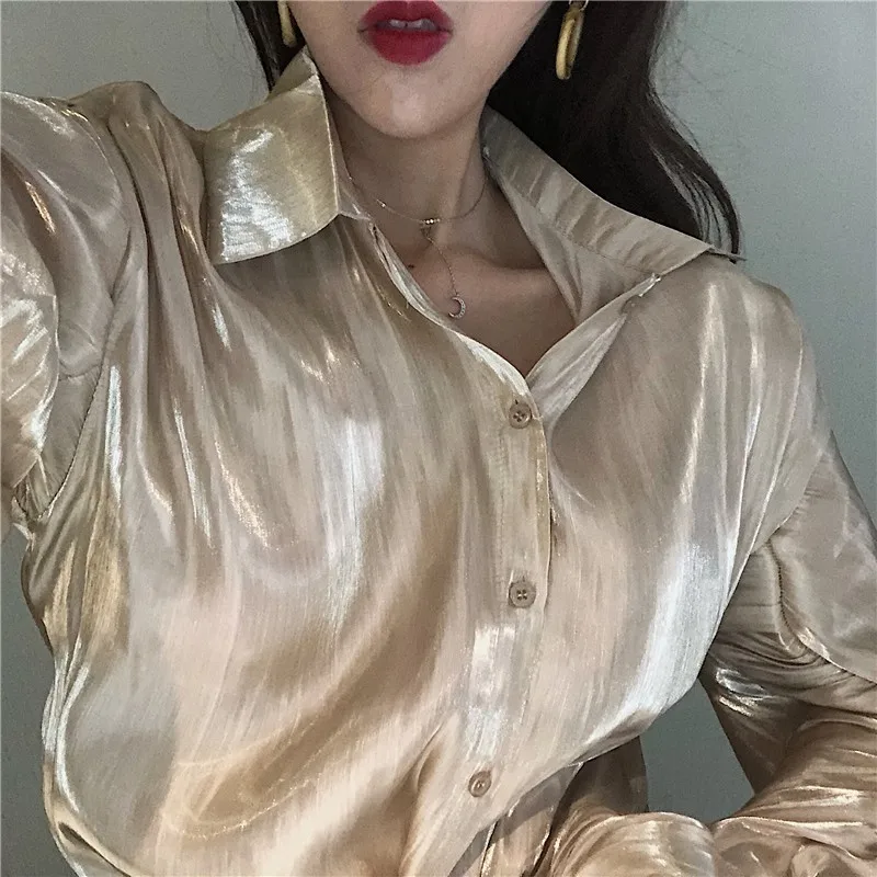 VGH Autumn Women's Shirts Blouse Tops Female Lapel Puff Sleeve Single Breasted Gold Blouses Women 2018 Fashion Korean New |