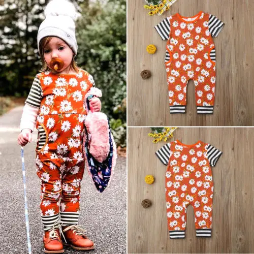 2019 Летний комбинезон с цветочным принтом для новорожденных девочек спортивный