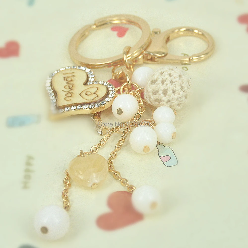 

Heart I LOVE You Wool Beads Keyring Chain Ring Jewelley For Women Keychain Bag Rhinestone Crystal Charm Pendant Christmas Gift