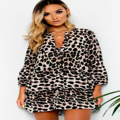

2019 Fashion New Hot Women Leopard Long Sleeve V Neck Casual Evening Party Long Sleeve Dress Tops