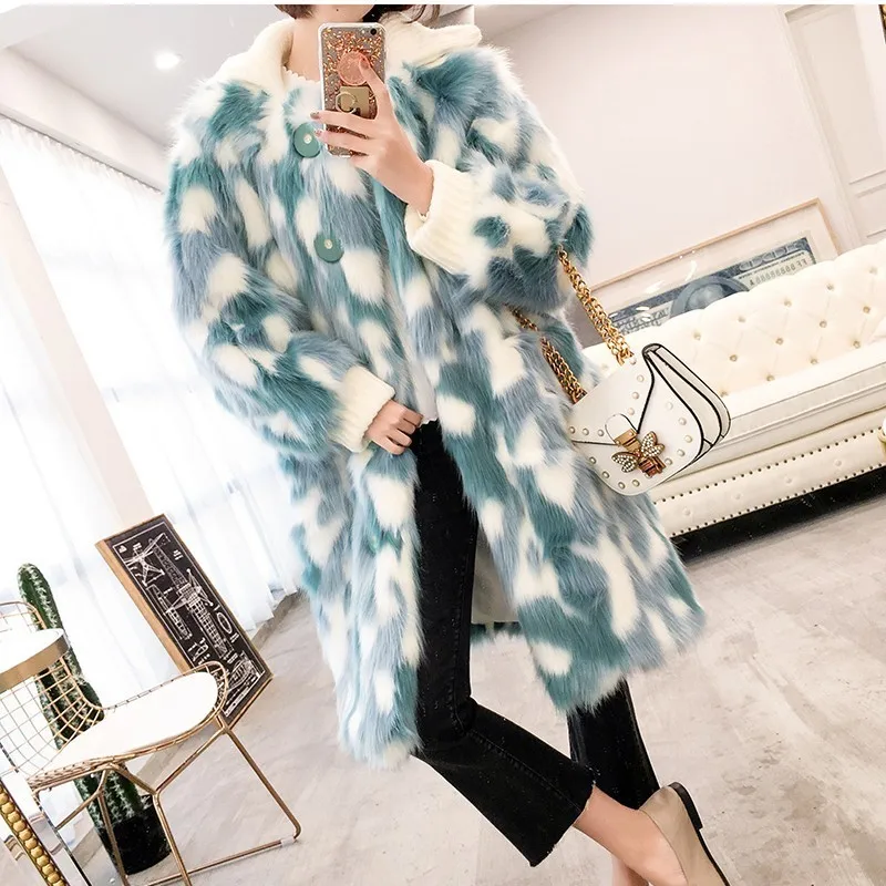 

2020 Autumn Winter Colorful Plush Coat Women Teddy Jacket Faux Fox Fur Coats Long Warm Cardigan Single Breasted Outwear OKD606
