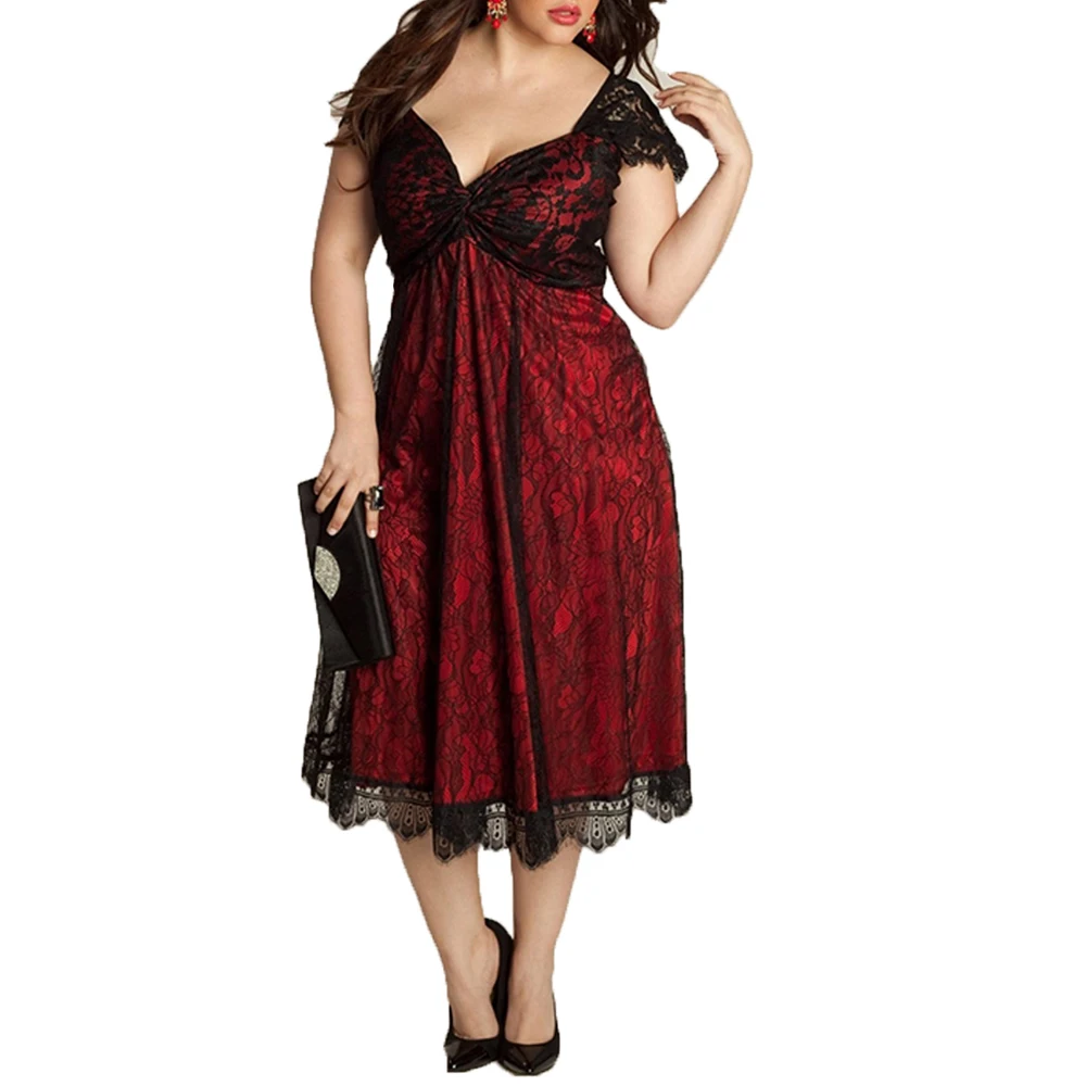 Wipalo European And American Large Size Elegant Lace Stitching V-Neck Sleeveless Midi Gothic Dress Plus Women Dresses 2018 | Женская