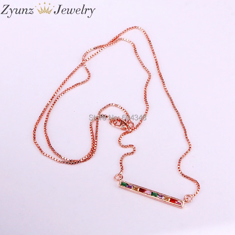 10PCS ZYZ338-0367 New Jewelry Rainbow Bar Pendant with Chain Necklace Micro Paved Tiny CZ Crystal | Украшения и аксессуары