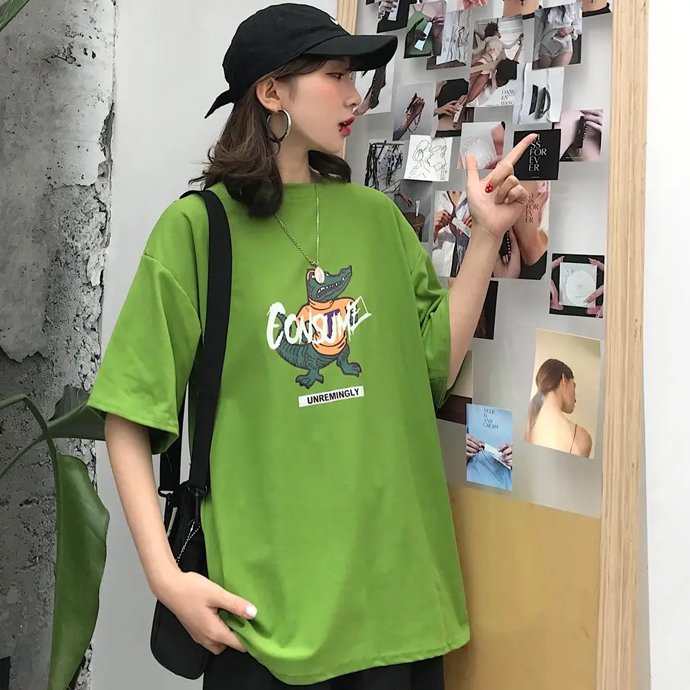 Harajuku Ulzzang футболка оверсайз с мультяшным принтом футболки коротким рукавом в