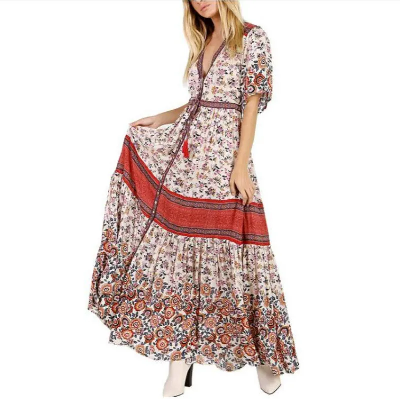 Стильное длинное платье с цветочным принтом v образным вырезом пуговицами