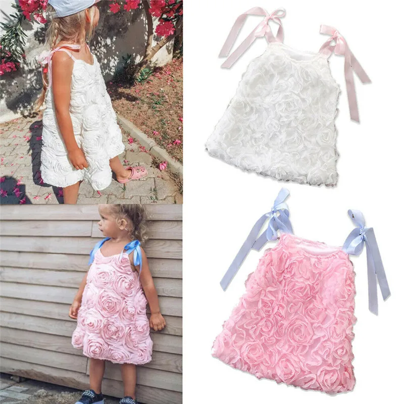 Fashion Kids Baby Girls Summer Princess Dress 3D Flowers Sleeveless Sling Tutu Party Wedding Dresses Lace-up Straight 1-6Y | Детская