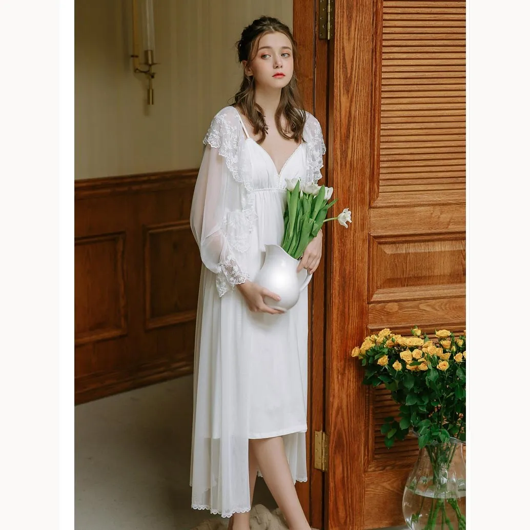 Two 2 Pieces Sleepwear Women Night Wear Home Robe Gown Set Transparent Kimono Lace Nightie Peignoir Sets | Женская одежда