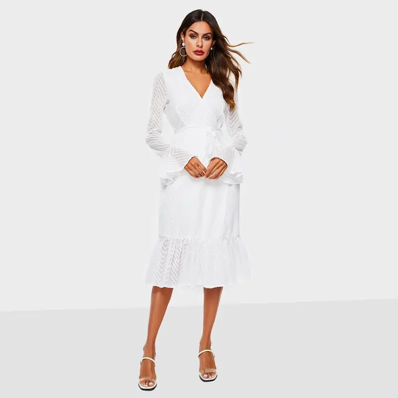 White Midi Dress Women Simple Elegant Slim Boho Travel Spring 2019 Stylish Striped Ruffles Sexy Deep V Beach Wrap Dresses Female | Женская