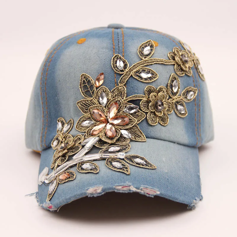 Women's Baseball Cap Diamond Painting Embroidery Flower Denim Snapback Hats Jeans Woman Female Cap Cowboy Summer Sun Hat