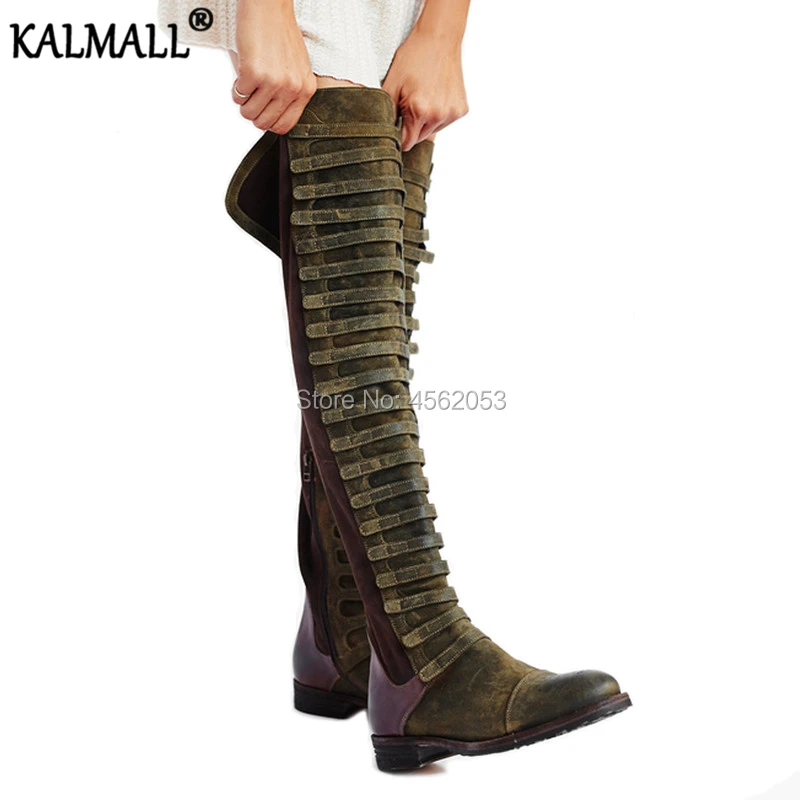 Женские винтажные сапоги KALMALL на плоской подошве высокие гладиаторы черного и