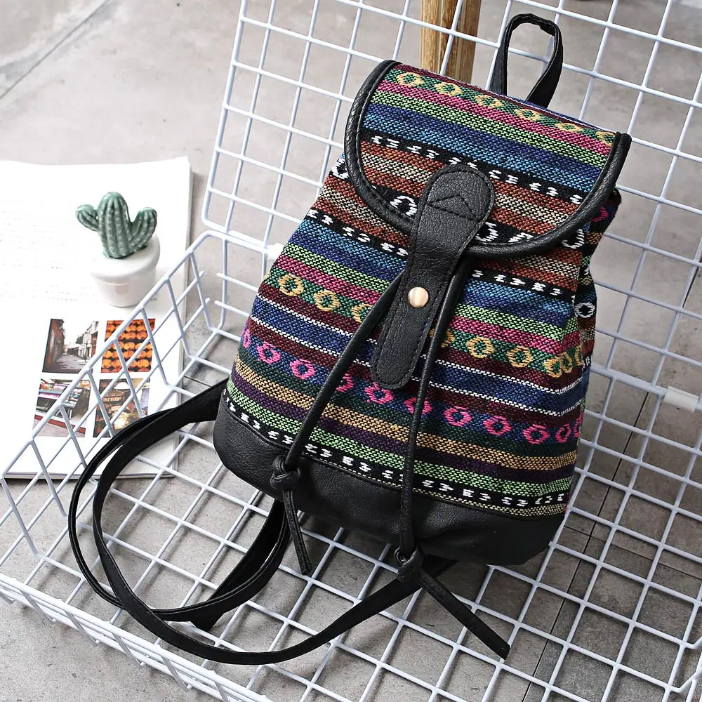 Guapabien женщины Drawstring Hasp этнический стиль холст PU Кожа Лоскутное Рюкзак|Женские