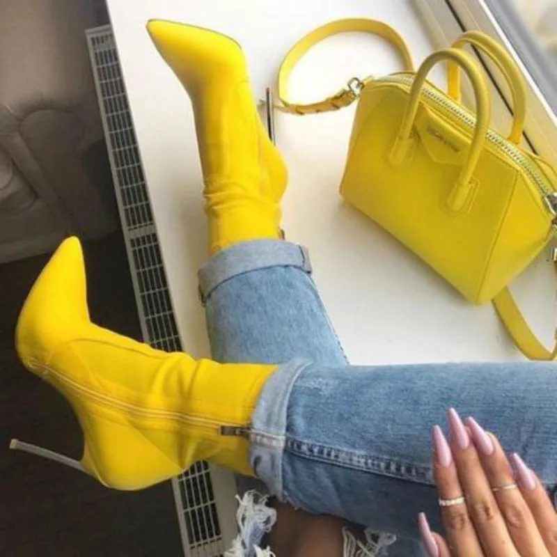 

Women Ankle Boots Women Pointed Toe Thin Heels Boot Yellow Shoes Blade heel Boots Women Side Zipper Sexy Autumn Booties