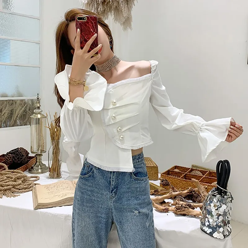 Женская Асимметричная блузка TWOTWINSTYLE Весенняя с открытыми плечами квадратным