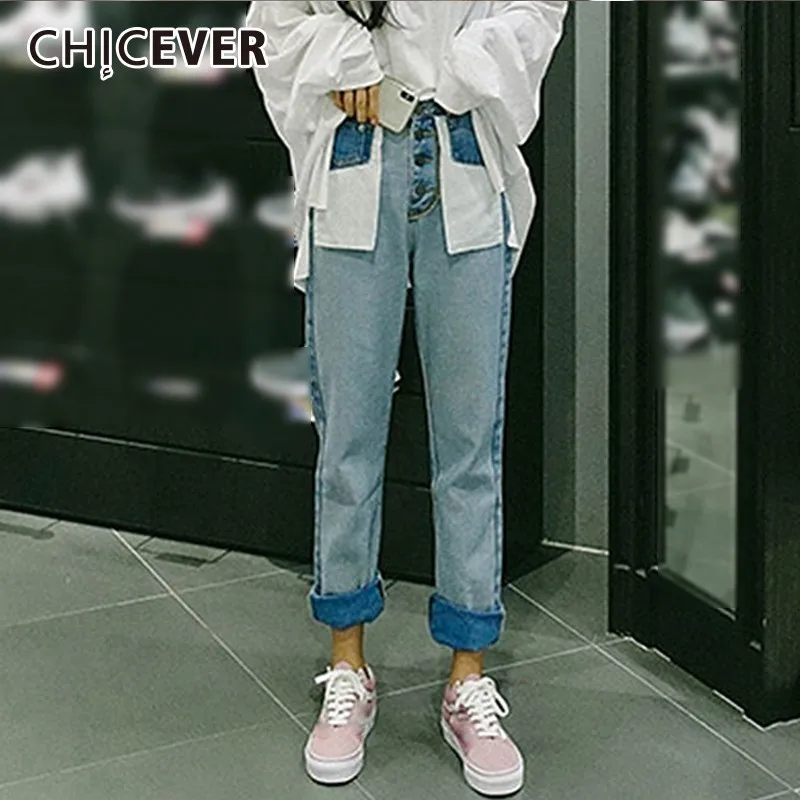 CHICEVER весна осень джинсовые брюки для женщин с высокой талией свободные хит цвета