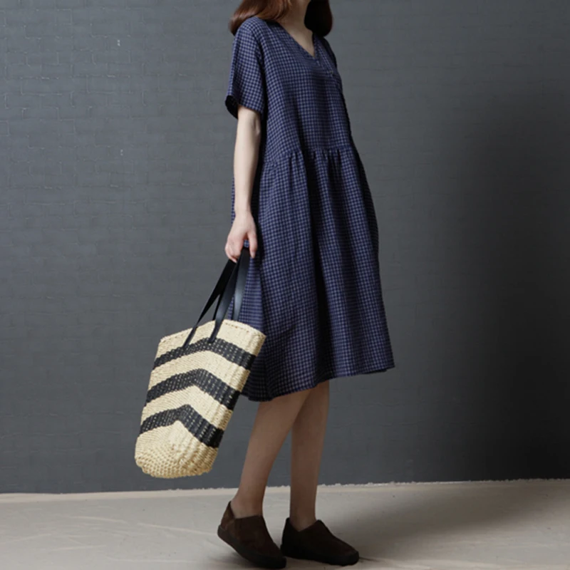 Женское летнее клетчатое хлопковое льняное платье с v-образным вырезом Дамский