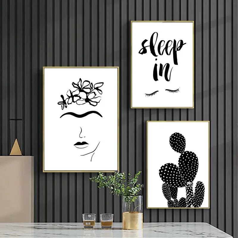 

Minimalism Black White Cactus Flower Girl Wall Art Canvas Painting Sleep In Posters and Prints Pictures for Living Room Decor