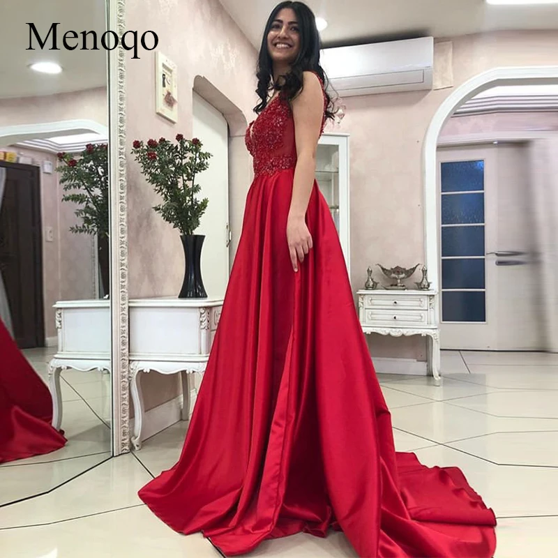 

Menoqo Sexy Red Prom Dresses Deep V-Neck Sleeveless Applique 2020 New Evening Party Gowns Satin A-line Elegant Prom Gowns