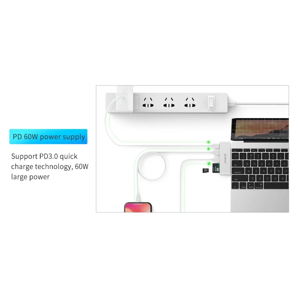 Orico 5 в 1 Алюминиевый сплав 2 Usb 3 0 порта type C концентратор для Tf/Sd кардридер зарядка PD