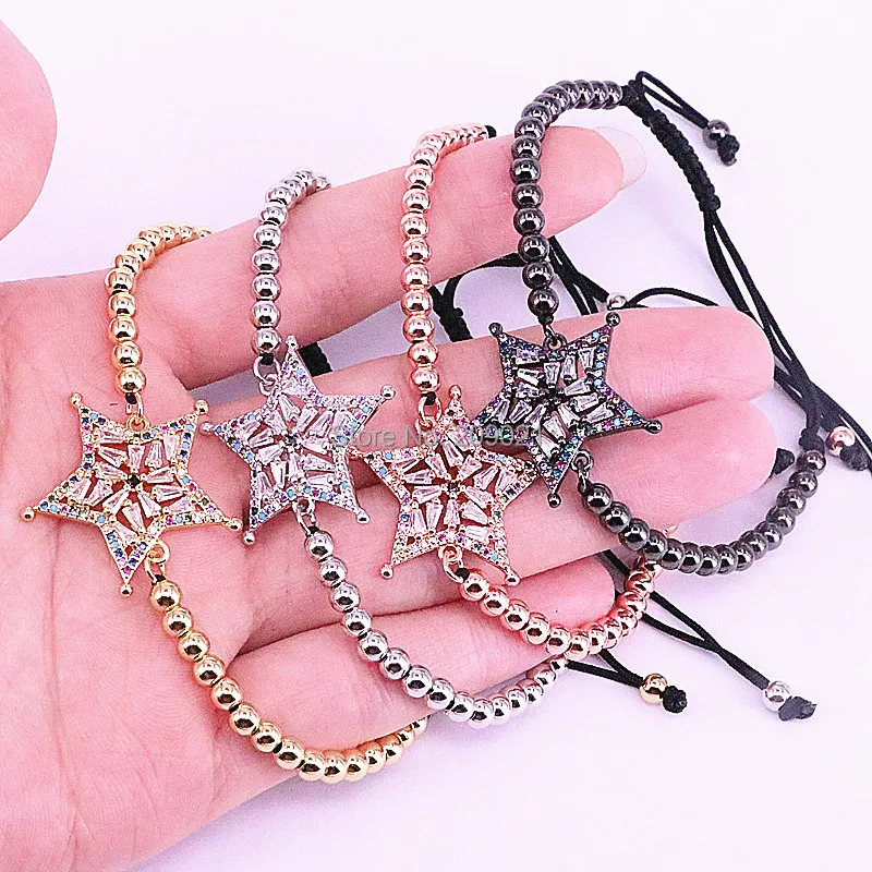 

10Pcs Mix Color 4mm Brass Bead Strand Bracelet Micro Pave Shiny CZ Star Macrame Braiding Rope Bracelet Women Jewelry