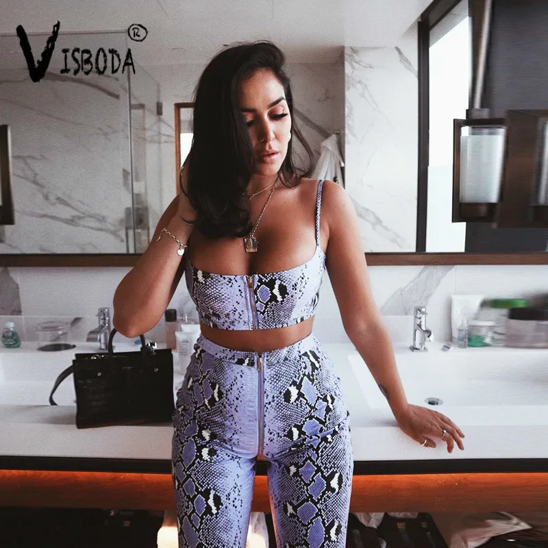 Women Sexy Crop Top And Pants 2 Pieces Set 2019 Fashion Female Purple Snake Skin Printed Bralette Zipper Vest Wide Leg | Женская одежда