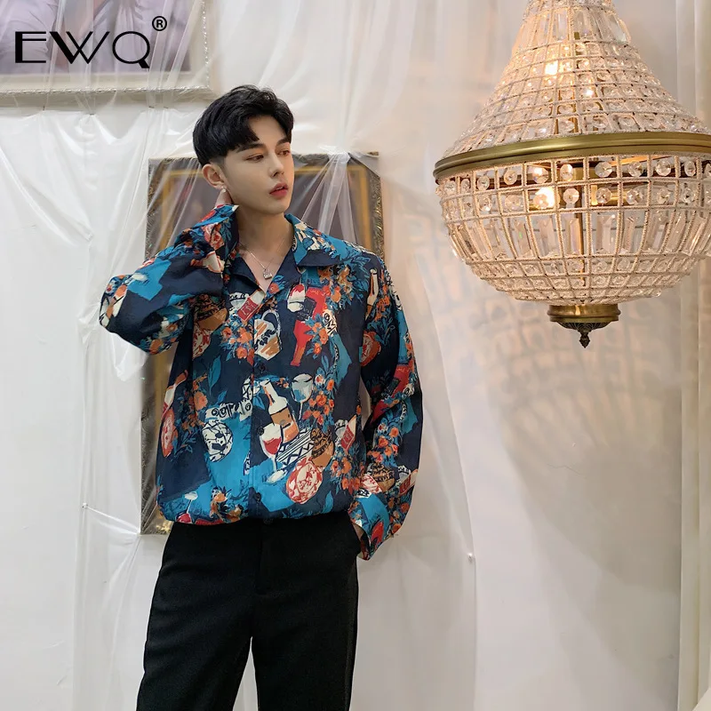EWQ 2019 Весна Новый дизайн Мужская винтажная рубашка с принтом длинный рукав
