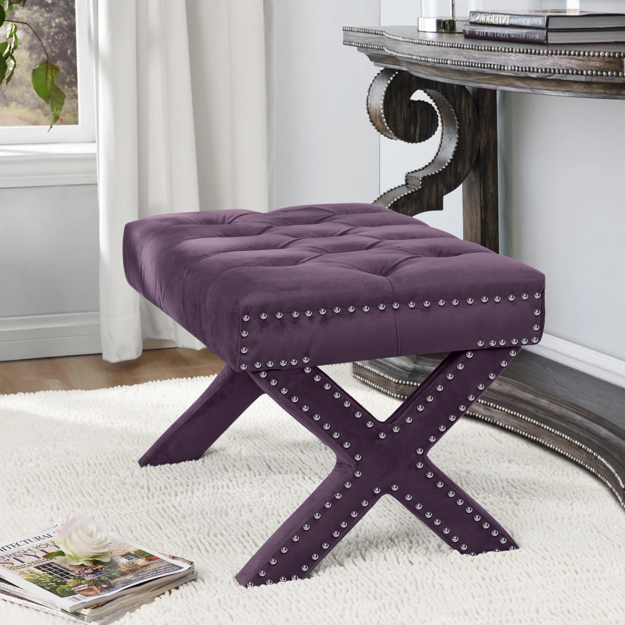 Emma Velvet Button Tufted Ottoman-X-Legs | Серебряная отделка Nailhead современный и функциональный