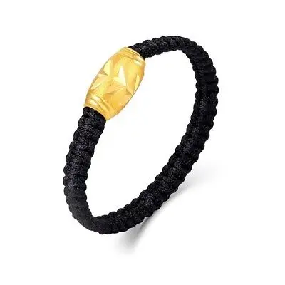 

New Solid 24K Yellow Gold Ring 0.2g Gold Bead with Black Knitted Ring Size 5