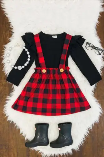 Christmas Newborn Infant Kid Baby Girls Clothes Outfits Fall Winter Plaid Cotton T-shirt+OVerall strap Girl Dress Set | Детская одежда
