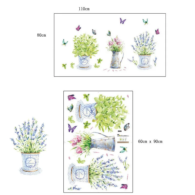 Pastoral Style Butterfly Vase Flower Wall Stickers Removable Waterproof Pot Lavender Green Plants Home Nursery Decals Tile Stick | Дом и сад