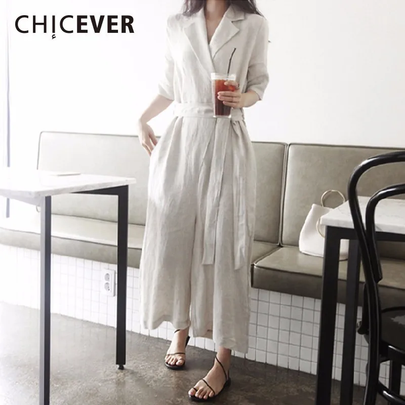Женский льняной комбинезон CHICEVER Облегающий с v образным вырезом коротким рукавом