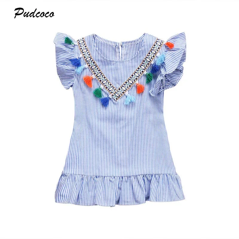 2019 Tassels Girls Dress Toddler Baby Kids Retro Ruffle Striped Summer Party Sundress Clothes | Детская одежда и обувь