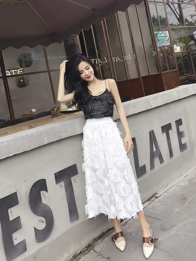 Женская длинная юбка трапеция с кисточками и перьями лето 2019|Женские юбки| |