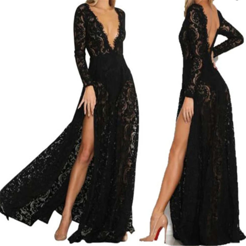 Women Lace Evening Party Prom Gown Dress Lady Formal Empire Waist Long Black V-Neck Sleeve Floor-Length Maxi Dresses | Женская одежда