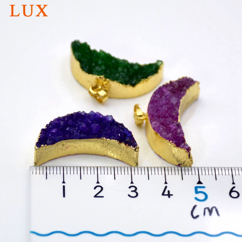 Crystal Quartz Moon Druzy Pendant Rainbow Stone Charm with gold bezel double horn jewelry | Украшения и аксессуары