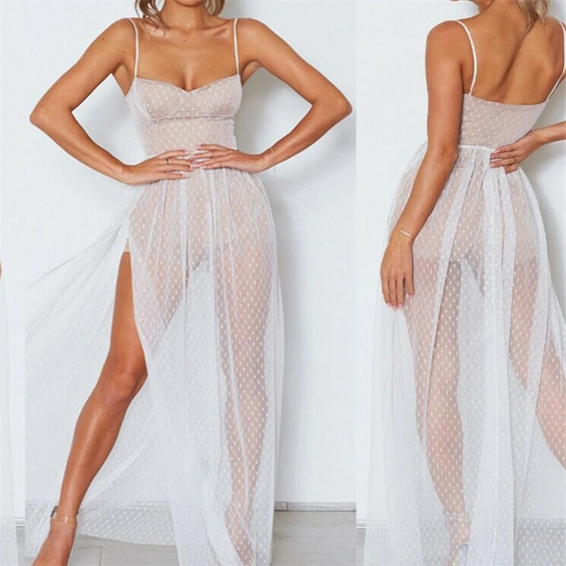 Summer Womens Boho Mesh Polka Dots Dresses Female Strappy Sheer Dress Lady Party Cocktail Beach Sundress | Женская одежда