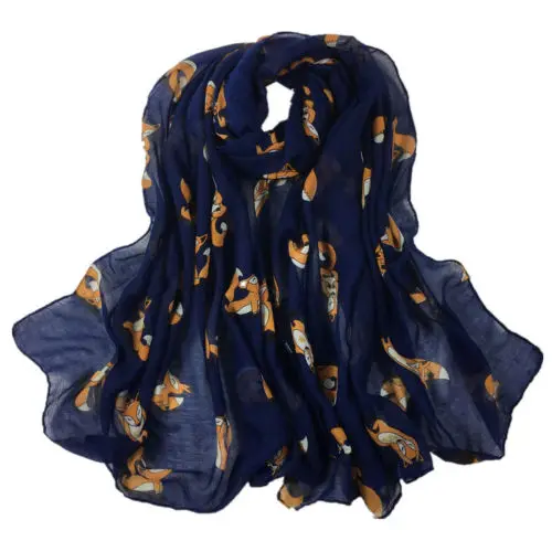 Женский длинный шарф с изображением животных мягкий хлопковый рисунком лисы