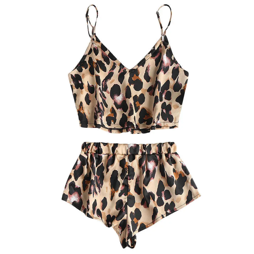 Women Sexy Satin Lace Pajama Lingerie Nightwear Sleepwear Top+Shorts 2pcs Leopard Print Pajamas Set | Женская одежда