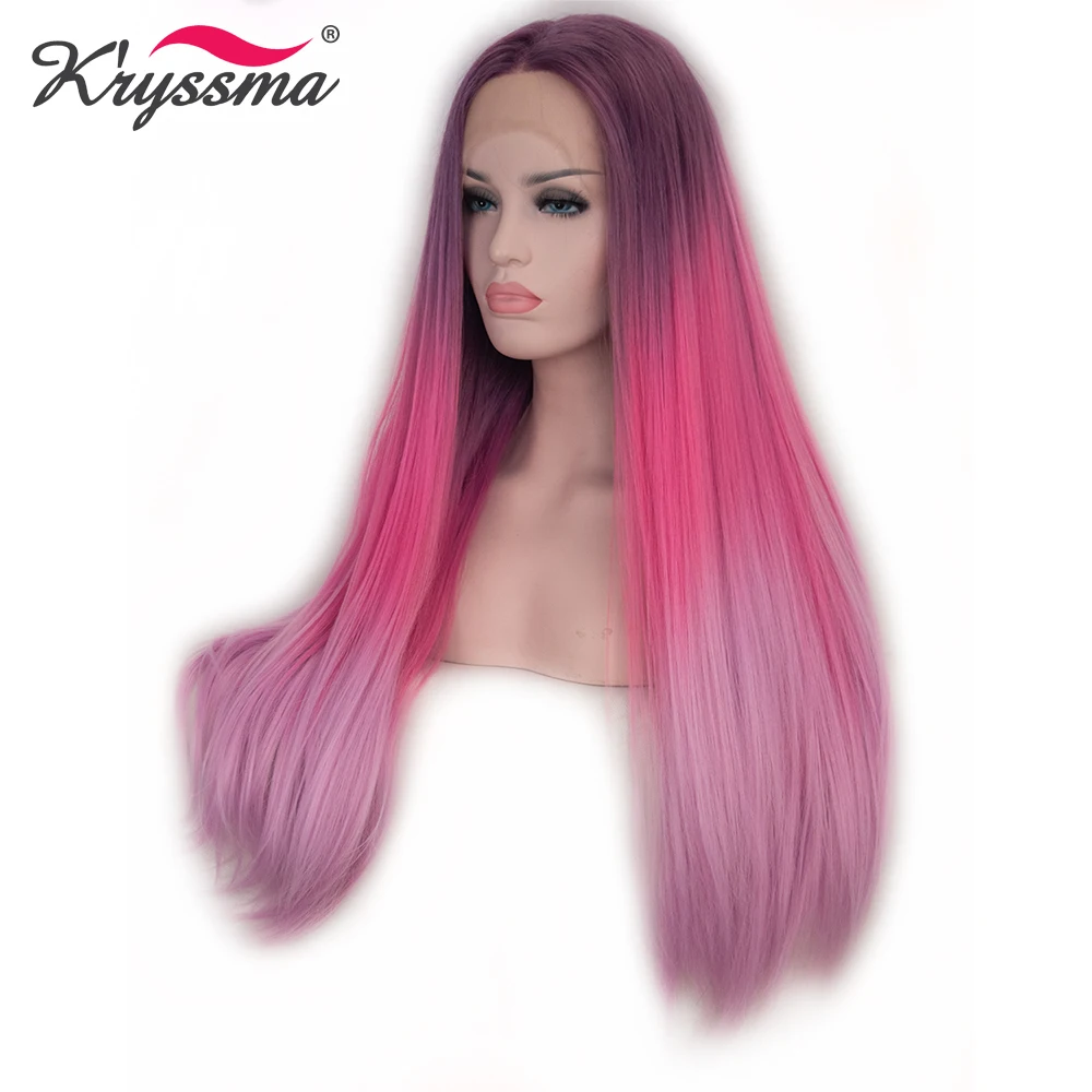 Kryssma длинный прямой Омбре парик Розовый Красный темные корни синтетический