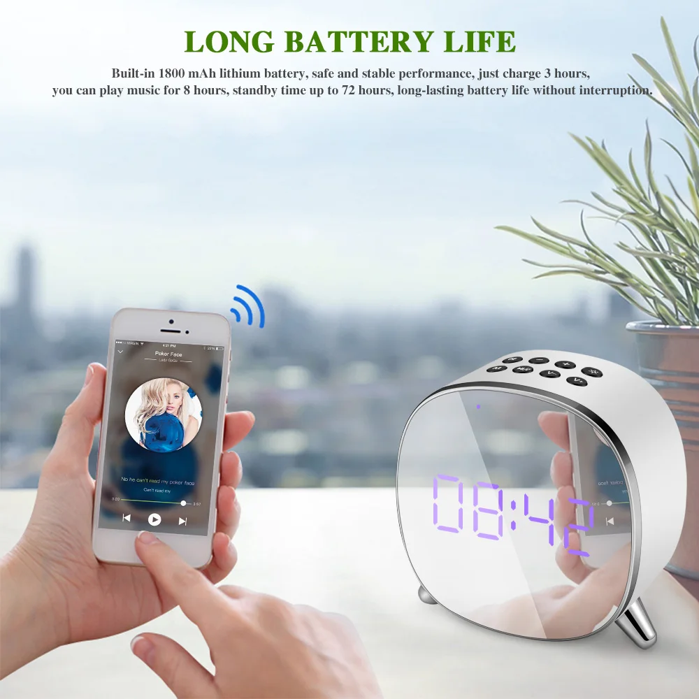 Bluetooth динамик с зеркальной поверхностью Altavoz светодиодный Будильник AUX TF