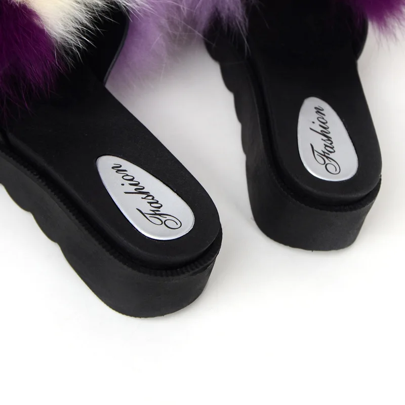 Женские меховые шлепанцы домашние пушистые Шлепанцы из натурального Лисьего