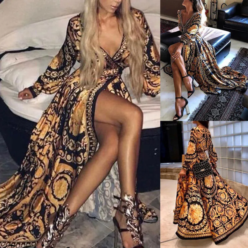 Бохо стиль длинное платье женское сексуальное с v-образным вырезом пляжное